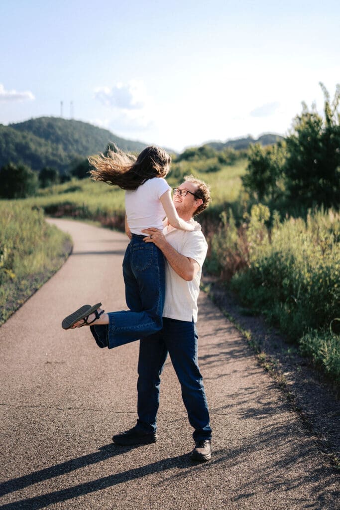 Romantic engagement photo of a couple at Seven Islands Park near Knoxville, TN